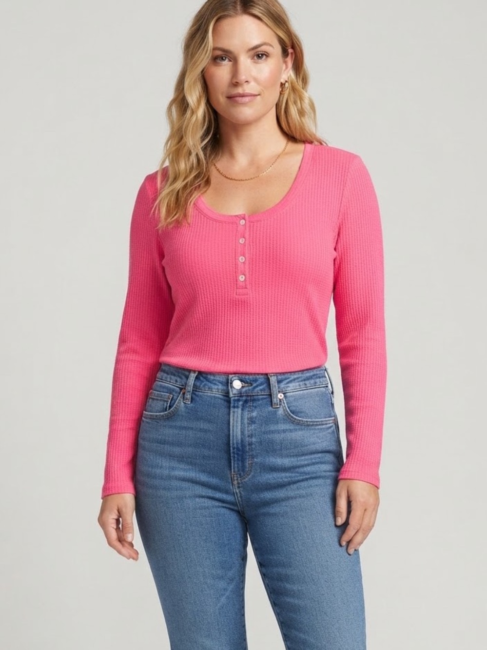 Women's LOFT Long Sleeve Waffle Knit Henley Top Pink Size M